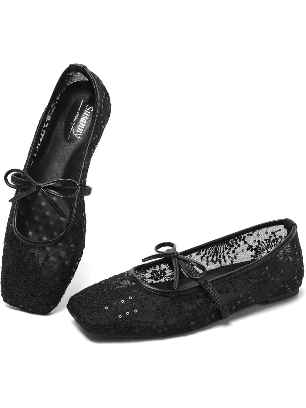 Women's Lace Black Square Toe Strap Ballet Flats Lace Up Bow Comfortable Shoes